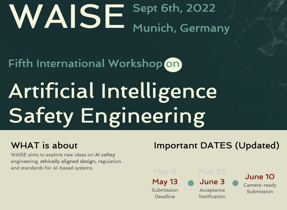 WAISE_AIsafety's tweet photo. 🦺🪖Following requests, the #waise2022 submission deadline has been extended to ⏲️📰May 13th⏲️📰. Keep the submissions coming #safeAI - Spread the word! @AAIP_York @AISafety1 @safecomp2022 https://t.co/So5o9m3bVv