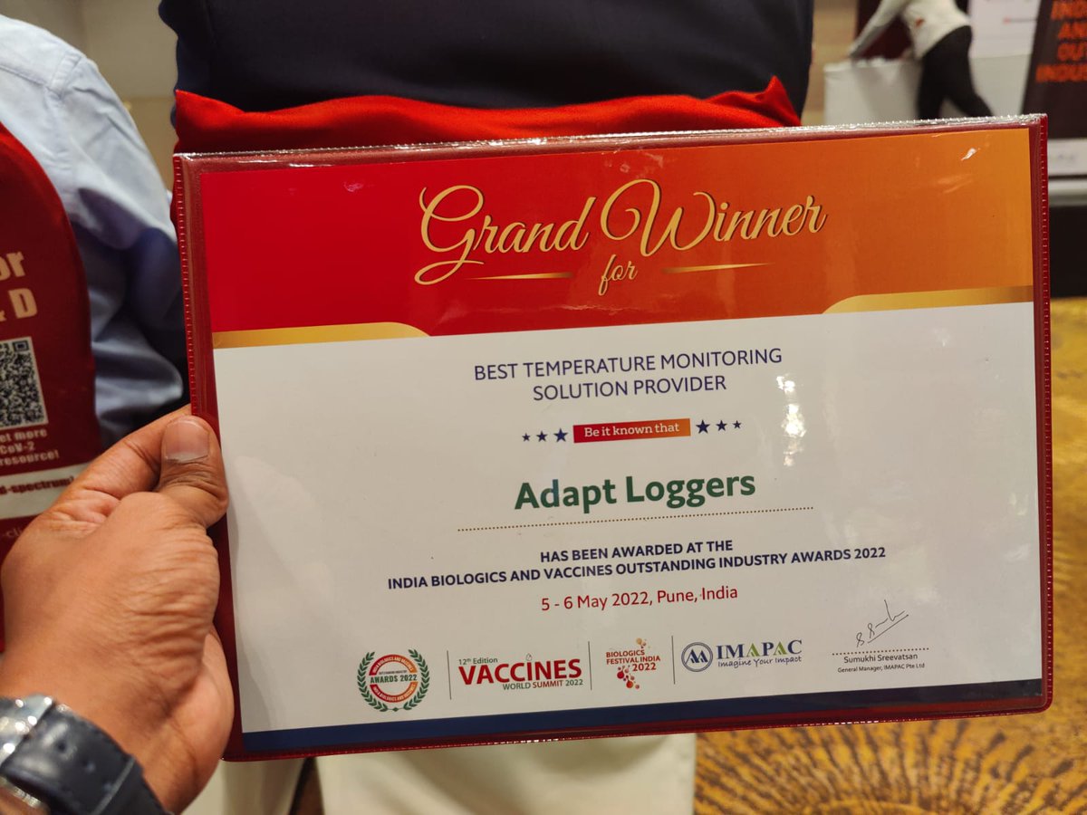 AdaptLoggers's tweet photo. We thank #IMAPAC for this recognition. It has been a splendid experience to work towards the vision of #Adapt.
#AdaptToThrive #adaptloggers #coldstorage #coldchainlogistics #iot #logistics #supplychainmanagement #BVOIA #Pune #Adapt #thankyou #GIBF2022 #VWS2022 #IMAPAC https://t.co/D4XoD76ZhU