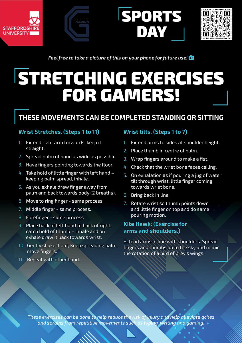 Do you experience pain and discomfort whilst playing games? Do you sit down for hours on end?🎮

Give some of these stretches a go to try today! 

#SportsDay #Esports #Expo #EsportsExpo #Exercise #Stretching