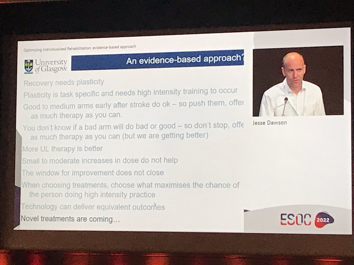 Excellent talk by Jesse Dawson at the #ESOC2022 summarise the knowledge of neuro rehab in general and upper limb specific. @RehabMedGU