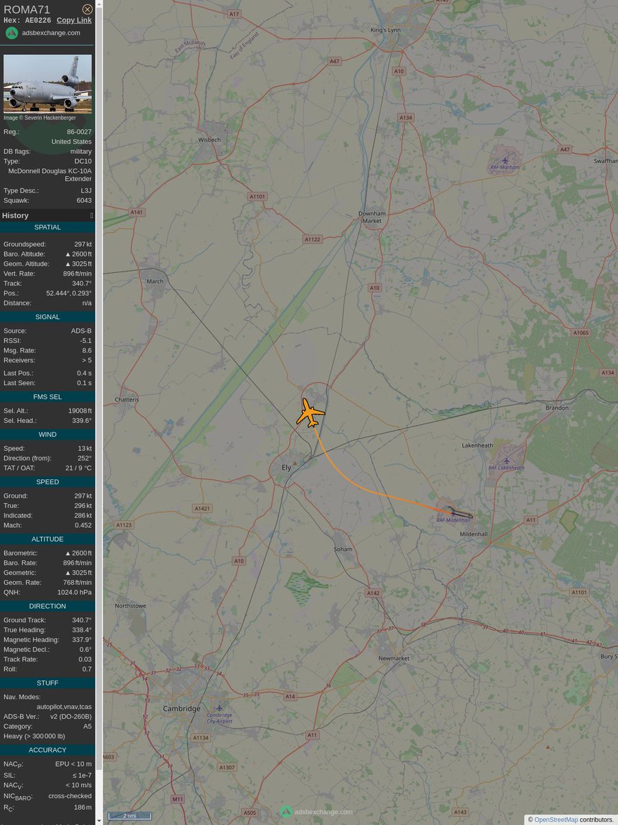 overTresillian's tweet image. #PlaneAlert ICAO: #AE0226 Tail: #860027 Flt: #ROMA71 
Owner: #UnitedStatesAirForce
Aircraft: #Douglas KC-10A Extender
2022/05/06 11:24:08
#DC10 #Air2Air #Refuel #ToFlyFightAndWin airforce.com 
globe.adsbexchange.com/?icao=AE0226&amp;amp;s…