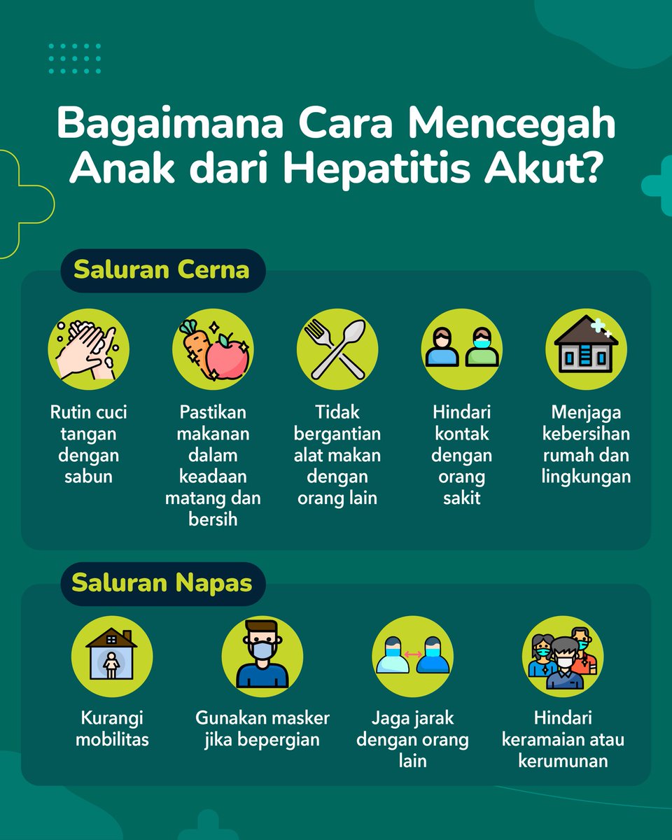 Tips pencegahan infeksi Hepatitis Akut pada anak

Tetap tenang dan jangan panik. Jaga kebersihan diri dan lingkungan dengan rutin cuci tangan pakai sabun, masak makanan hingga matang, hindari kontak dengan orang sakit, terapkan etika batuk &amp; disiplin prokes COVID-19.