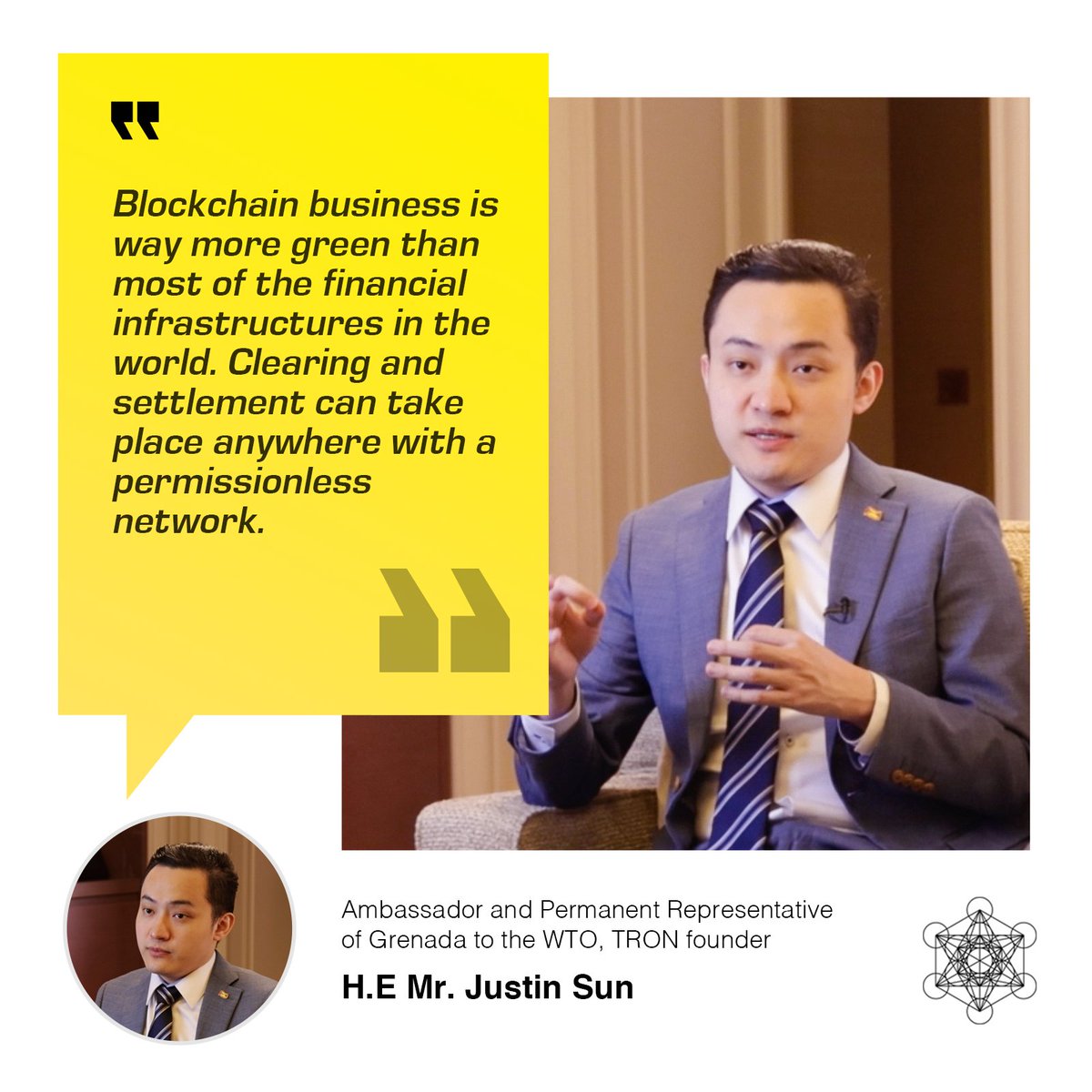 "#Blockchain business is way more green than most of the financial infrastructures in the world. Clearing and settlement can take place anywhere with a permissionless network." - Justin Sun