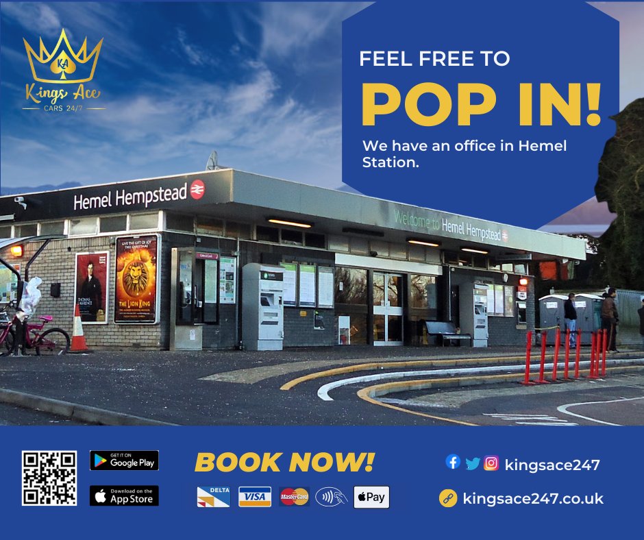 We have an office hemel station Feel Free to pop in!,
Download app or Book online: onelink.to/kingsacecars
Berkhamsted –01442 872 872
Kings Langley – 01923 247 000
Radlett– 01923 469800
Watford- 01923 662233
Aylesbury- 01296 872600