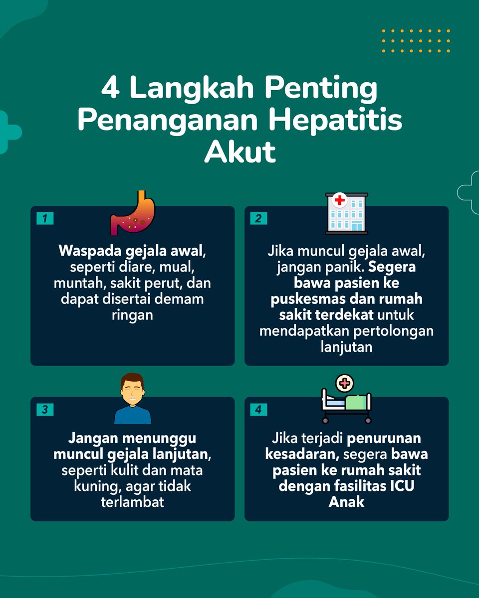 Penyakit Hepatitis Akut menyerang anak-anak secara mendadak. Tingkatkan kewaspadaan diri dengan ketahui gejala awal Hepatitis Akut. 

Apabila anak mengalami satu dari gejala hepatitis Akut, segera bawa anak ke fasyankes terdekat untuk mendapatkan penanganan medis lebih lanjut
