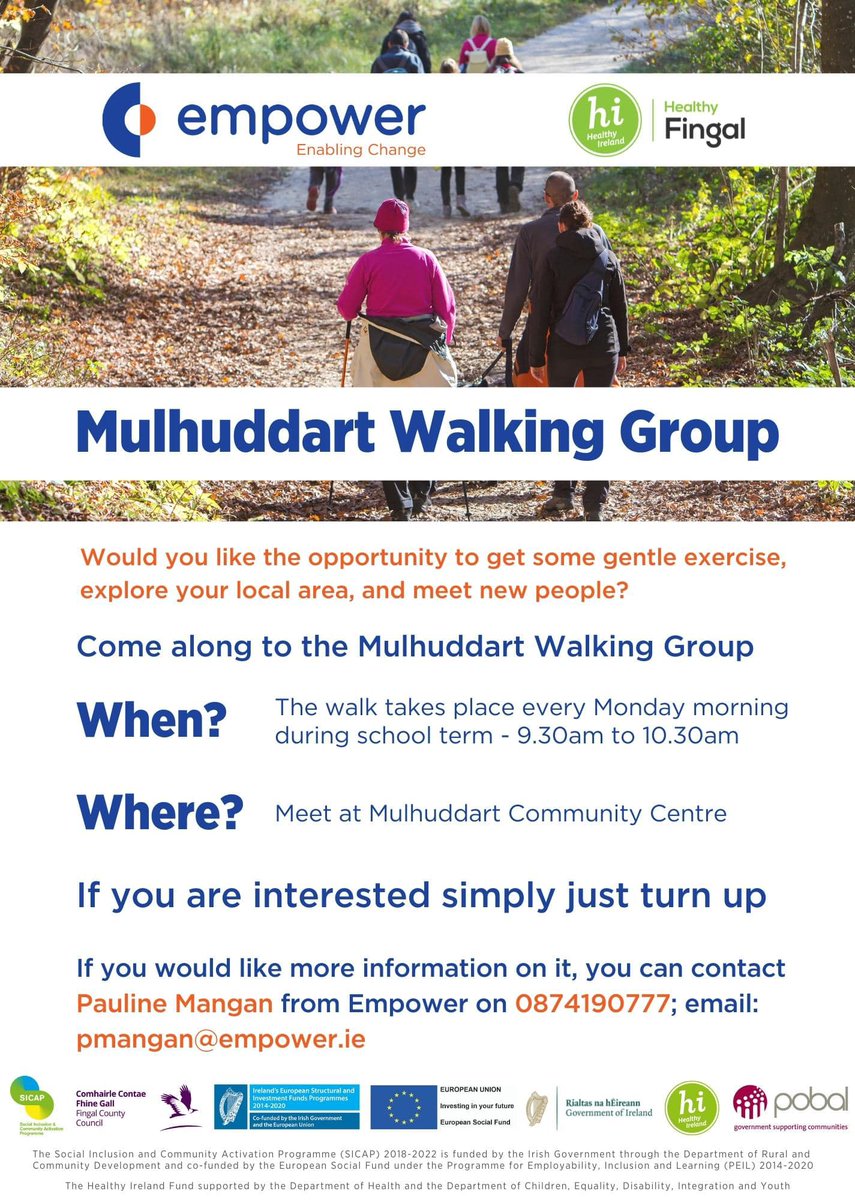 Healthy Mulhuddart (@healthymulhudd1) on Twitter photo Get walking with the Mulhuddart Walking Group, Monday mornings 9.30am to 10.30am during school term, meeting at <a href="/mulhuddartcc/">Mulhuddart Community Centre</a>.
#HealthyFingal <a href="/EmpowerFingal/">Empower 🇮🇪🇪🇺</a> <a href="/GetIreWalking/">Get Ireland Walking</a> <a href="/HSECHODNCC/">HSE CHO DNCC</a> <a href="/HealthyIreland/">HealthyIreland</a> <a href="/Fingalcoco/">Fingal County Council</a> <a href="/FCypsc/">Fingal CYPSC</a> Get walking with the Mulhuddart Walking Group, Monday mornings 9.30am to 10.30am during school term, meeting at <a href="/mulhuddartcc/">Mulhuddart Community Centre</a>.
#HealthyFingal <a href="/EmpowerFingal/">Empower 🇮🇪🇪🇺</a> <a href="/GetIreWalking/">Get Ireland Walking</a> <a href="/HSECHODNCC/">HSE CHO DNCC</a> <a href="/HealthyIreland/">HealthyIreland</a> <a href="/Fingalcoco/">Fingal County Council</a> <a href="/FCypsc/">Fingal CYPSC</a>
