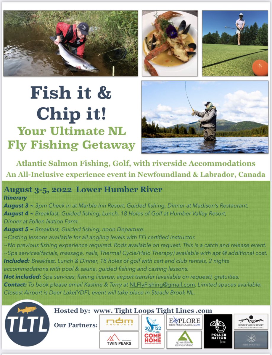 Happy to be putting off this event in August! Fly fishing for Atlantic salmon, golf <a href="/HumberValleyRes/">Humber Valley Resort</a> riverside accommodations <a href="/MarbleInn/">Marble Inn & Suites</a> and meals at <a href="/MadisonsResto/">MadisonsResto</a> and @ Pollen Nation Farm. Thank you to our supporting partners! @gowesternnl <a href="/ComeHome2022/">Come Home 2022</a>