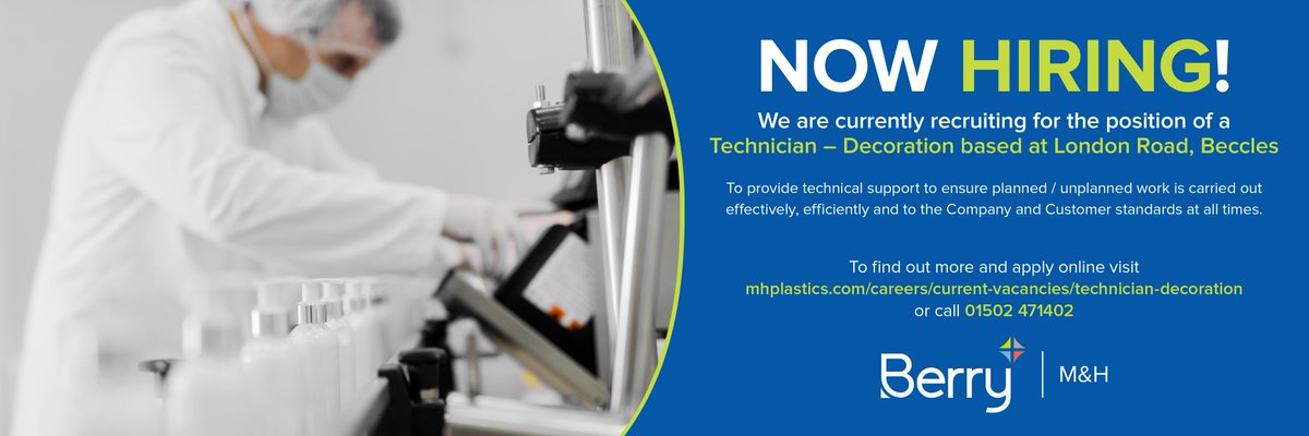 berry_m_h's tweet image. We are recruiting for a Technician – Decoration at our Beccles London Road site for more information or to apply online visit mhplastics.com/careers/curren…
#jobvacancies #employmentopportunities #joinourteam