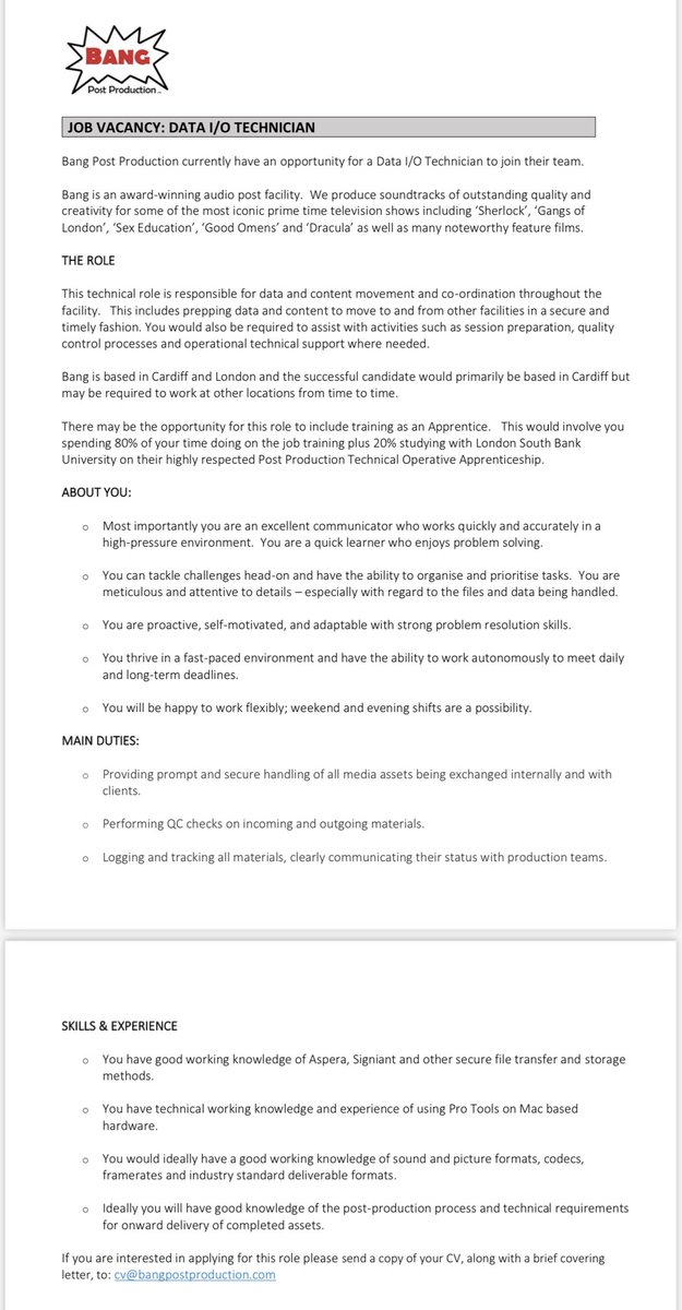 We are hiring!!! We are looking for a data io person to work at our Cardiff offices . See attached picture for job description Apply to cv@bangpostproduction.com