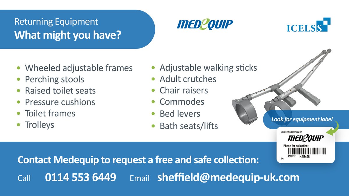 Do you have community equipment that you no longer need? Contact @MedequipUK for a free and safe collection today. Call 0114 553 6449 or email sheffield@medequip-uk.com Find out more: mq-uk.com/returning-equi…