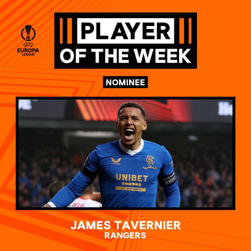 RangersFC's tweet photo. 🤩 @James_Tavernier has been nominated for the @EuropaLeague Player of the Week.

Go vote for Tav NOW! 👇

#UELPOTW | #UEL