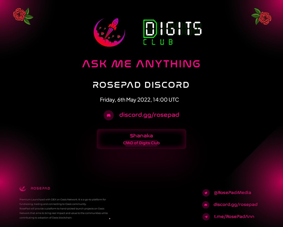 🔥We will host an AMA with <a href="/Digitsclub/">Digits Club</a> today 6th of May, 14:00 UTC on our Discord channel #ama_questions discord.gg/rosepad

🔥 There will be one #RoseApe #NFT #giveaway for the best question asked!

#DigitsClub #IDO #Launchpad #rosepad #launchpad #Oasis #OasisNetwork $ROSE