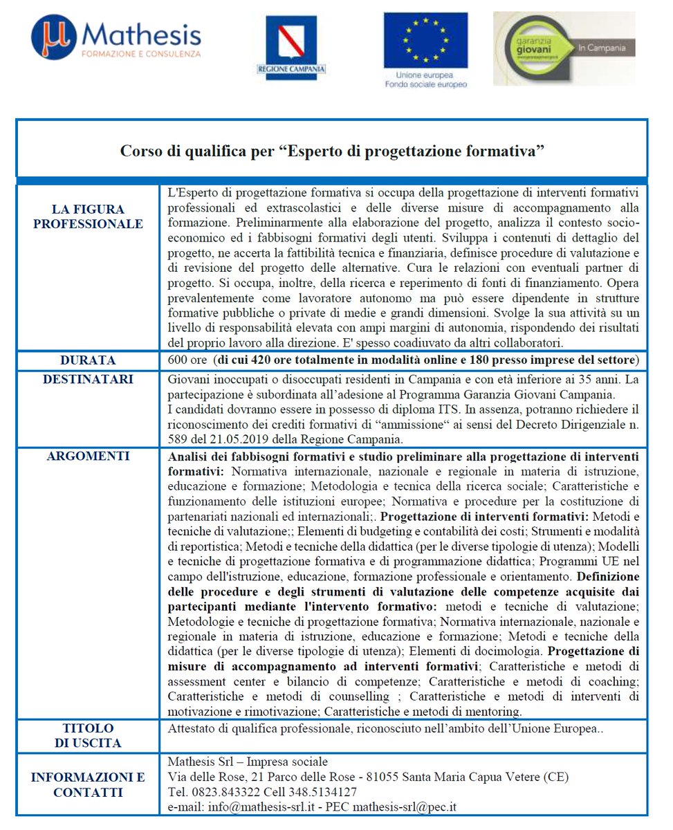 #Corso di qualifica per “Esperto di progettazione formativa”, per #Giovani inoccupati o disoccupati, residenti in Campania e con età inferiore ai 35 anni, aderenti al Programma #GaranziaGiovani