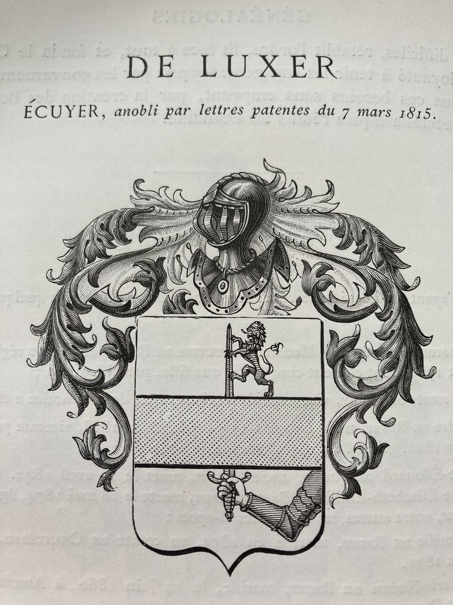 heraldique_fr's tweet photo. Pour #LesArmoiriesDuVendredi les armes de la famille de #Luxer : D’argent, au dextrochère de carnation, armé d’azur, mouvant du flanc senestre de l’écu, tenant une épée du même mise en pal, chargée (sic) d’une fasce d’or accostée à senestre d’un lion contre-rampant aussi d’azur. https://t.co/QeOSuokZXj