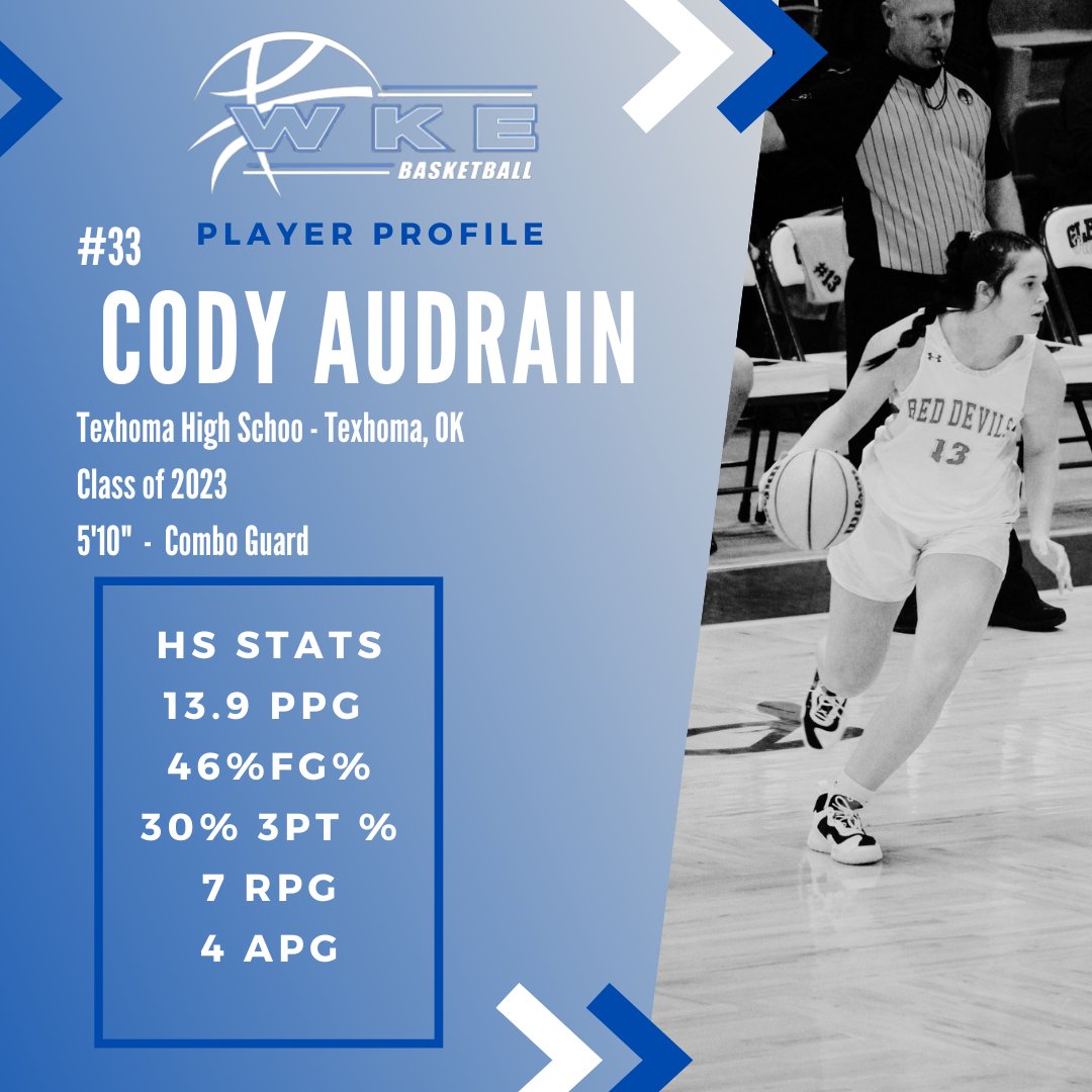 wke_hoops's tweet photo. Player Profile - @WKE2023 
Cody-Paige Audrain
@AudrainCody3 is an extremely skilled playmaker at 5'10" who can shoot the 3. She's creative scoring in traffic, &amp; has great vision, is a true playmaker! Check her out at @USJN in Denver May 21-22!!
@JasonGreenBball @PGHOklahoma https://t.co/q0nXo2L9nz