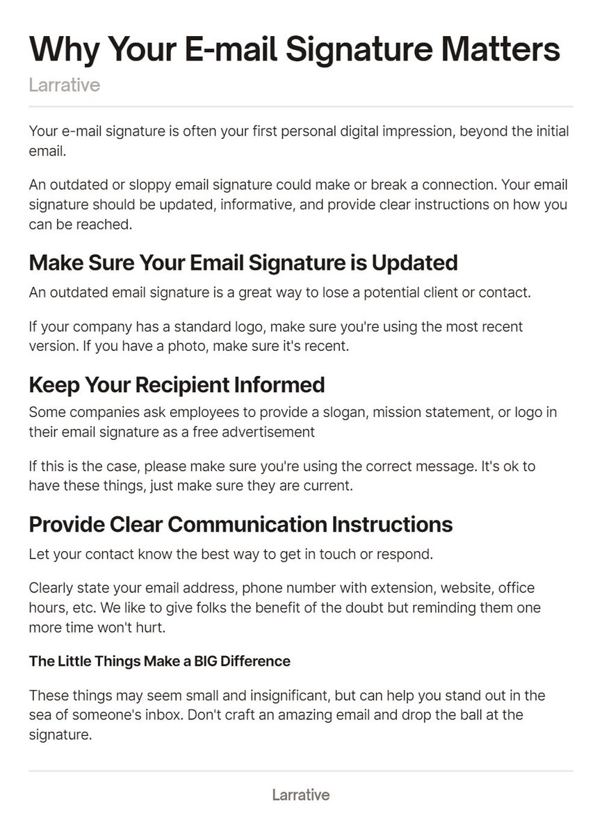 LarryG_co's tweet photo. This overlooked email hack can help you stand out above the crowd.

You've written a great email message, now it's time to solidify the connection.

The secret is in your email signature 📧 https://t.co/CrMilbqQi0