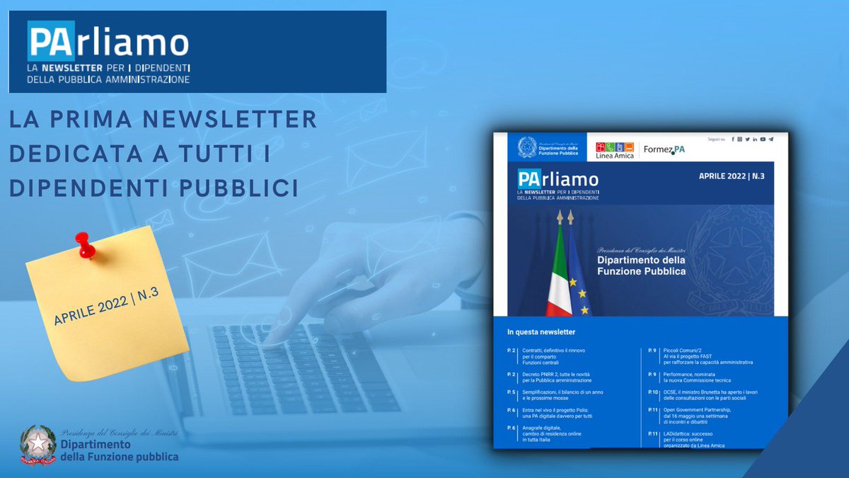 FunzPub's tweet photo. ✅Online il terzo numero della newsletter PArliamo
Il disco verde definitivo al nuovo contratto per il comparto Funzioni centrali, tutte le novità del decreto Pnrr 2 per la Pa, il progetto Polis e le iniziative per i piccoli Comuni.
📩 Leggi #PArliamo:
https://t.co/9RLAZkc7pL https://t.co/4VigSUxPS4
