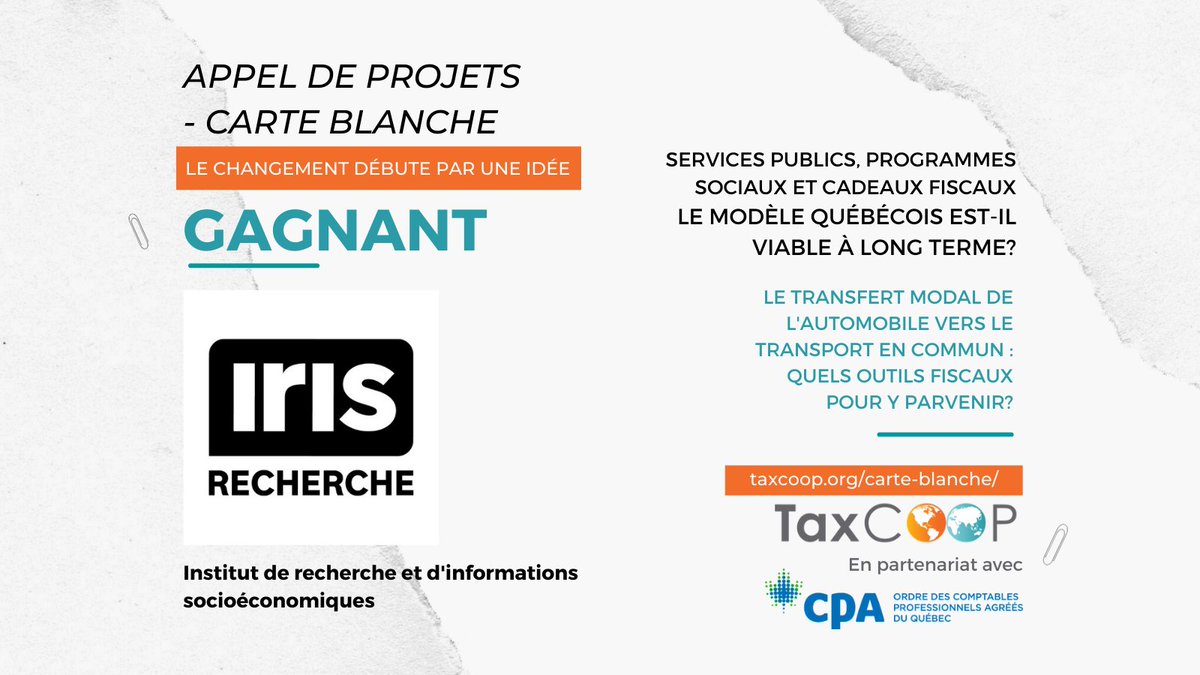 TaxCOOP's tweet photo. Gagnants #AppelDeProjets - volet Québec🥳
Bravo à @IRISrecherche et leur équipe de recherche pour leur projet « Le transfert modal de l’automobile vers le transport en commun: quels outils fiscaux pour y parvenir? »
Équipe: Colin Pratte &amp; Bertrand Schepper
https://t.co/SYeNpcdtfb https://t.co/TSUwU2XMIj