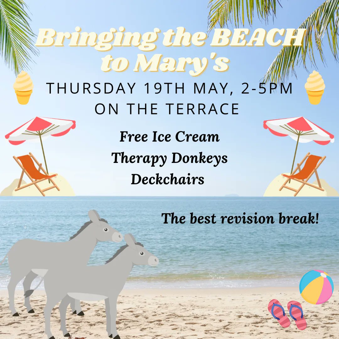 St Mary's College (@stmarysofficial) on Twitter photo 🏖️ BRINGING THE BEACH TO MARY'S🏝️
THURSDAY 19TH MAY 2022, 2-5PM ON ST MARY'S TERRACE!!
Free ice cream, therapy donkeys, deckchairs...The perfect revision break!!
Make a note on your calendar as you don't want to miss this!
<a href="/durham_uni/">Durham University</a>
#bringingthebeachtomarys 🏖️ BRINGING THE BEACH TO MARY'S🏝️
THURSDAY 19TH MAY 2022, 2-5PM ON ST MARY'S TERRACE!!
Free ice cream, therapy donkeys, deckchairs...The perfect revision break!!
Make a note on your calendar as you don't want to miss this!
<a href="/durham_uni/">Durham University</a>
#bringingthebeachtomarys