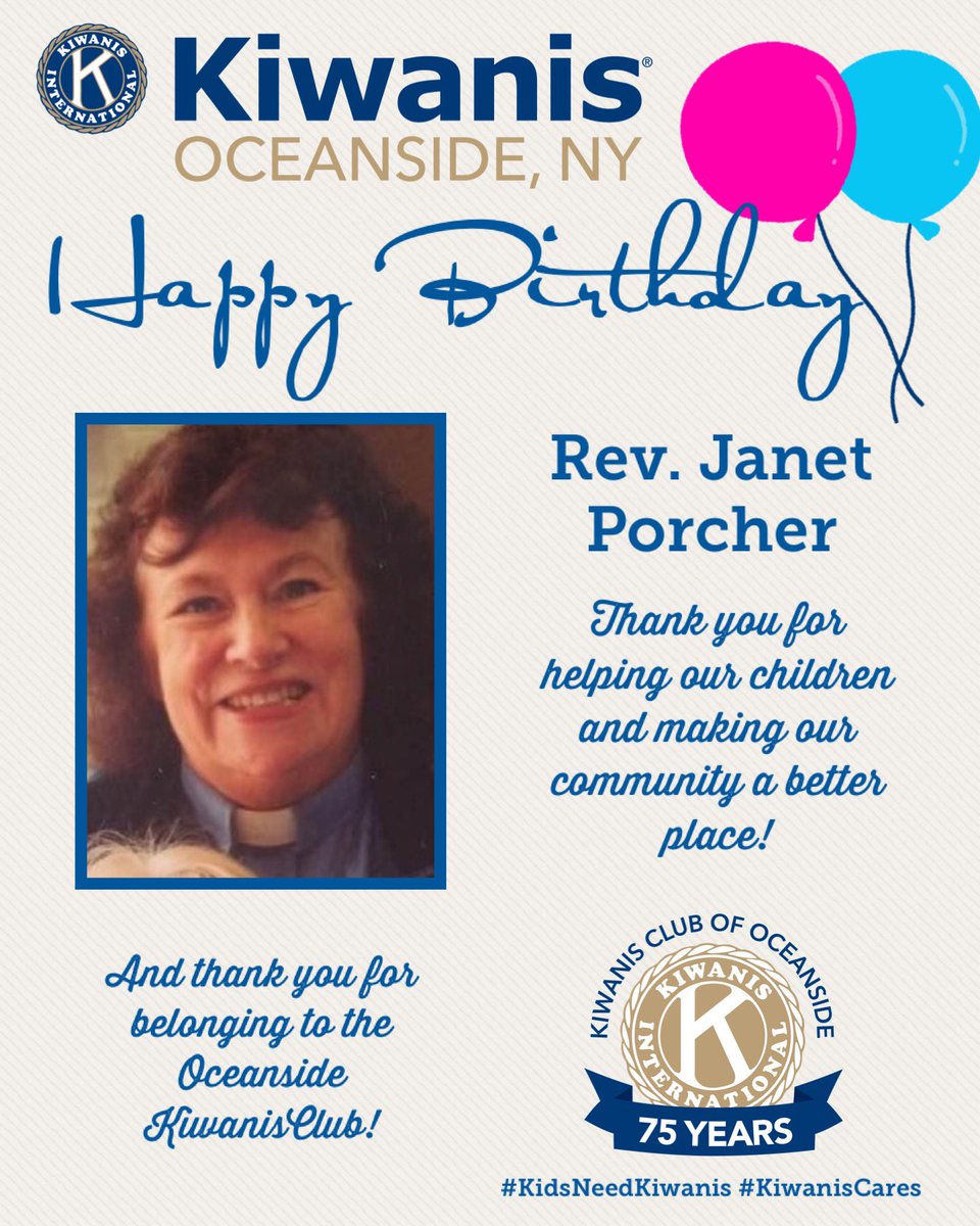 Happy birthday to Oceanside Kiwanis Member Rev. Janet Porcher! Thank you for all that you do!

#KidsNeedKiwanis #KiwanisCares #Oceanside #OceansideNY