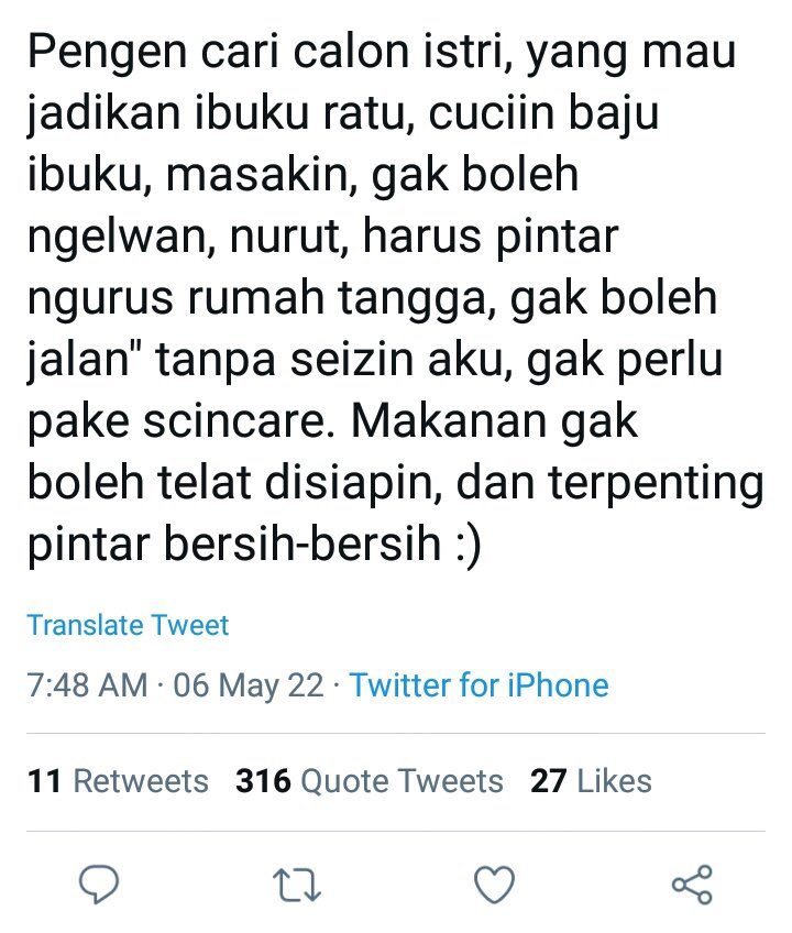 Wdyt? Ini mah elo nyari ART khusus emak lo bang, bukan cari istri.