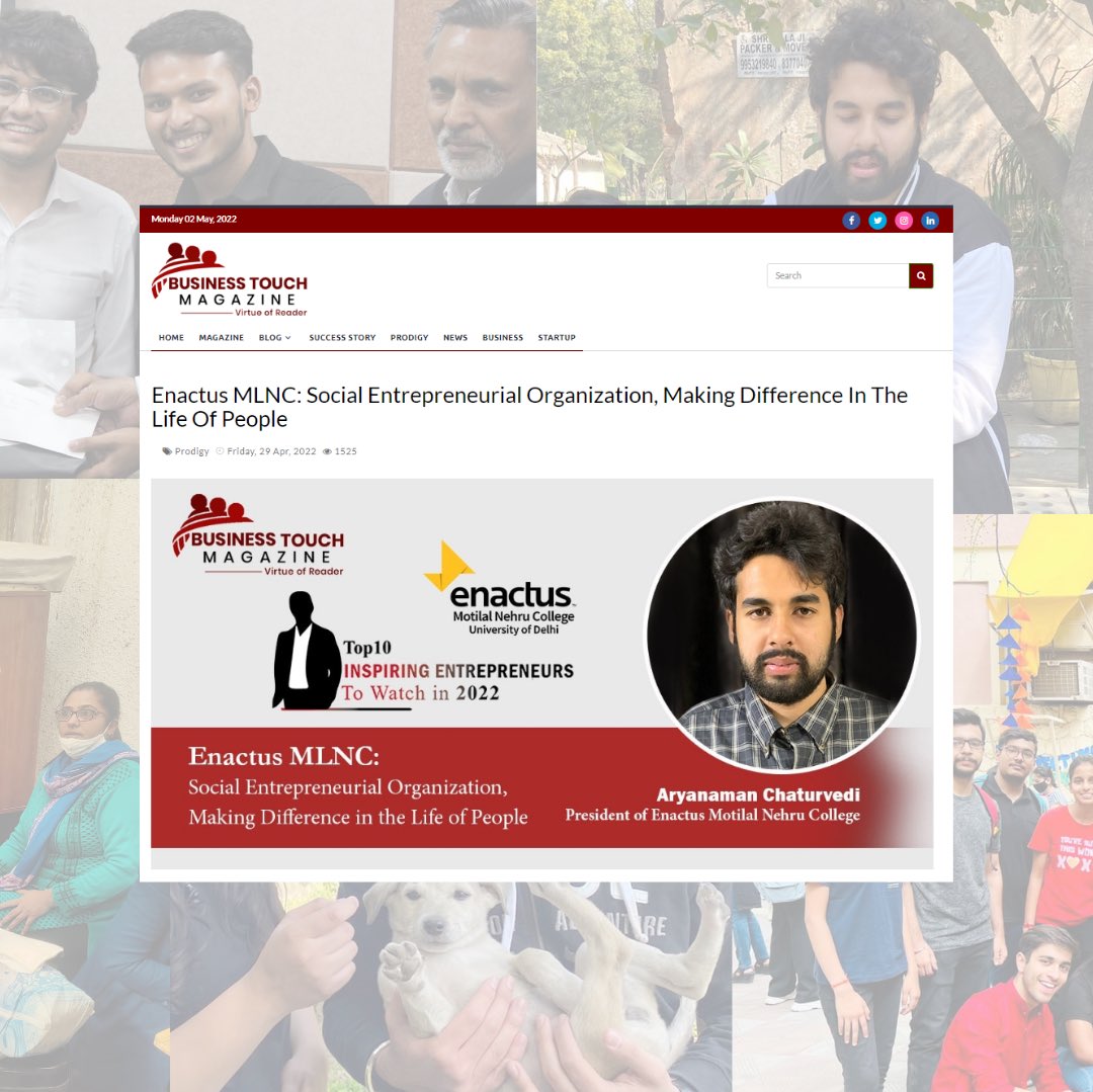 EnactusMLNC's tweet photo. Business Touch Magazine, a renowned news outlet, recently featured Enactus Motilal Nehru College in its digital magazine. We credit this accomplishment to our many dedicated members, and we thank the Business Touch Magazine for recognizing our efforts.

#enactus#enactusindia https://t.co/pWz5WVzsHV