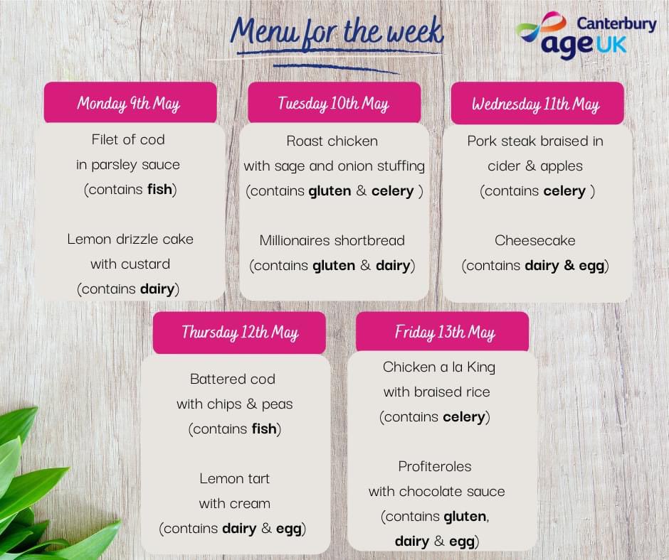 Here’s our Meals at Home Menu for next week🍲 We deliver a two course freshly cooked meal to your door for £8.50.  If you would like to order, please give us a call on 01227 462368 or send us an email💌 to: teresa@ageukcanterbury.org.uk