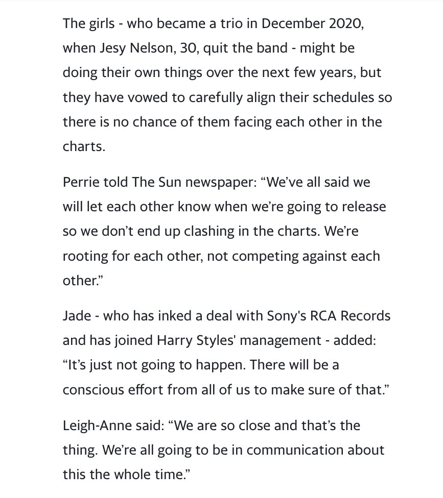 JADEtearoom's tweet photo. In a new interview, Little Mix discussed their vow to carefully align their schedules so there’s no chance of them facing each other in the charts. 

“We’re rooting for each other, not competing against each other,” Perrie explained.

(Via @YahooNewsUK) https://t.co/mkI5LFQ5IC