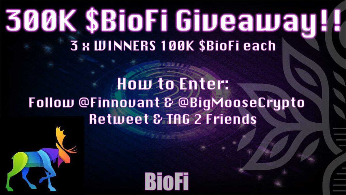BigMooseCrypto's tweet photo. 🚨 Very excited for this Sponsored #Giveaway courtesy of @Finnovant

They are changing the 🔐 game; building $BioFi eco on $AVAX &amp;
$DAG

-> 3 Winners 👏
-> 100,000 $BioFi each 🤯

Entrance
1️⃣ Follow @Finnovant &amp; 🦌
2️⃣ 💛 RT Tag 2

Winners will be selected in 48hrs
#passiveincome https://t.co/Kkrj0OCzsQ