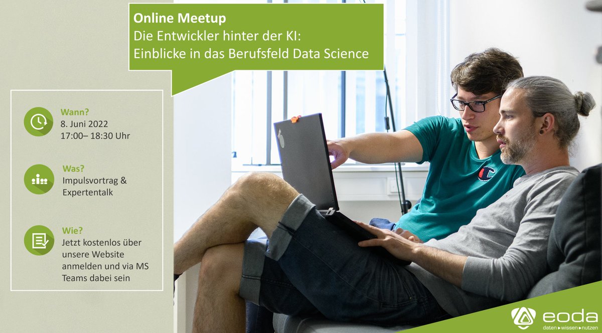 eodaGmbH's tweet photo. Unsere Datenexperten öffnen die virtuellen Türen &amp; geben Einblicke in ihre tägliche Arbeit. 

Online Meetup | 8. Juni 2022 | 17:00-18:30 Uhr

Jetzt kostenlos anmelden: https://t.co/hY9PTBv13X https://t.co/OBWjbQZFJf