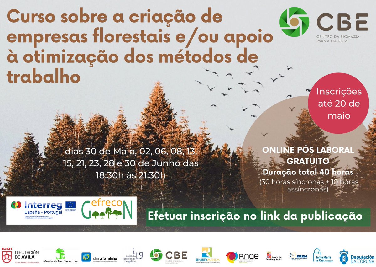 Sonia_Figo's tweet photo. No âmbito do projeto @GEFRECON_POCTEP , o CBE está a organizar um “Curso sobre a criação de empresas florestais e/ou apoio à otimização dos métodos de trabalho”, realizado de forma remota, com sessões síncronas e assíncronas, duração de 40h. Inscrição:https://t.co/JU22QAK5zl https://t.co/koOOt6heZI