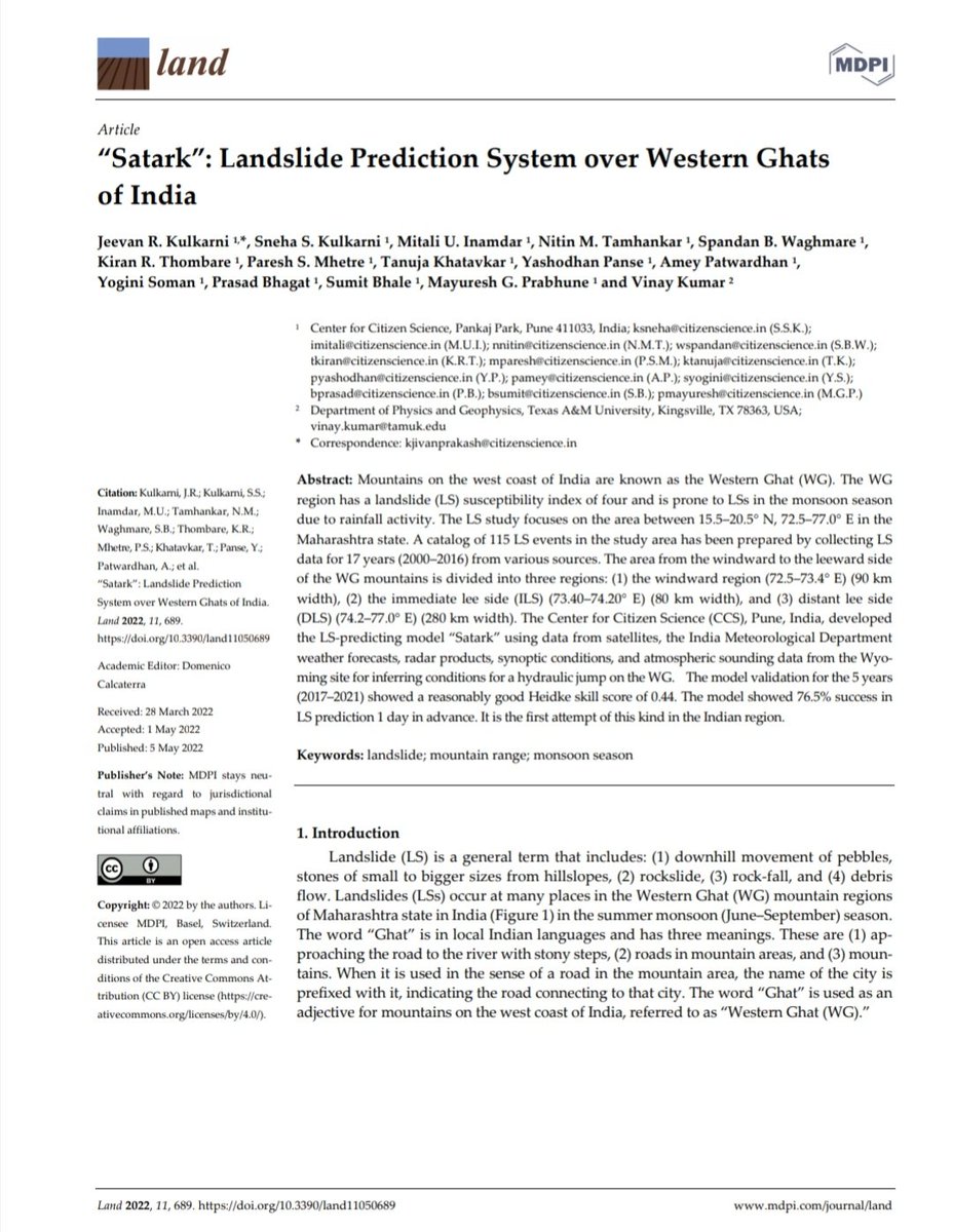 Research paper about #Satark #Landslide prediction system developed by @scienceccs published in @Land_MDPI. 13 out of 15 authors of the paper are #CitizenScientist. #CitizenScience @PMOIndia @DrJitendraSingh @ndmaindia @moesgoi @Indiametdept @rajeevan61 @Hosalikar_KS @rocksea