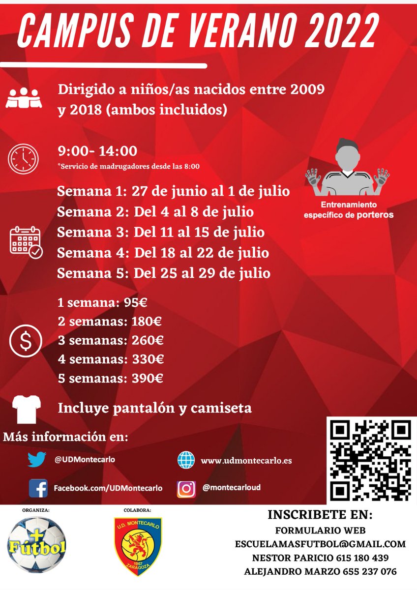 UDMontecarlo's tweet photo. CAMPUS DE VERANO 2022!!

📅 5 semanas 
⏰️ de 09:00 a 14:00 (con horario de madrugadores a partir de las 08:00)
🏃🏃‍♀️dirigido a niños y niñas nacidos entre 2009 y 2018 (Ambos inclusive)

ℹ️  Más información en:

https://t.co/OVkqwYYMfz https://t.co/FoNFpi9mVq