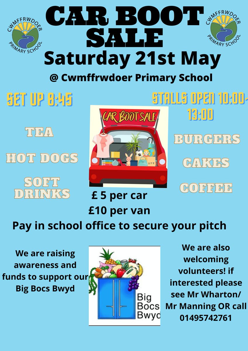 ***😀COMMUNITY EVENT😃***

🚗Excited to be holding a Car Boot Sale to raise awareness and funds for our <a href="/BigBocsBwyd/">Big Bocs Bwyd</a> 

📍<a href="/cwmffrwdoer/">Cwmffrwdoer Primary</a>
🗓️ Saturday 21st May
🕕 Set up 8:45 / Stalls open 10:00- 13:00

See further information 👇🏾