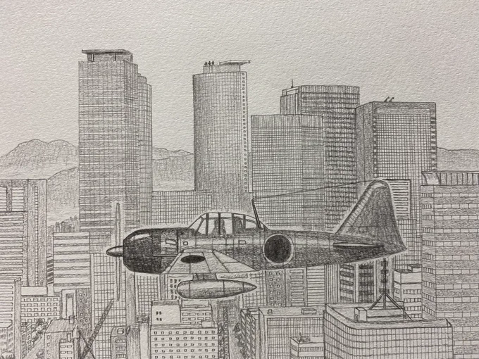 #名刺代わりの作品をあげてください
零戦と名古屋の空です。

この作品は私が時折描く空想風景画のうちの一つなのですが、普段は使わない定規を多用するなどして頑張った思い出があります…!

この作品を発表してから、海外の方を中心にフォロワーさんが10日で約300人ほど増えたのが印象的でした…! 