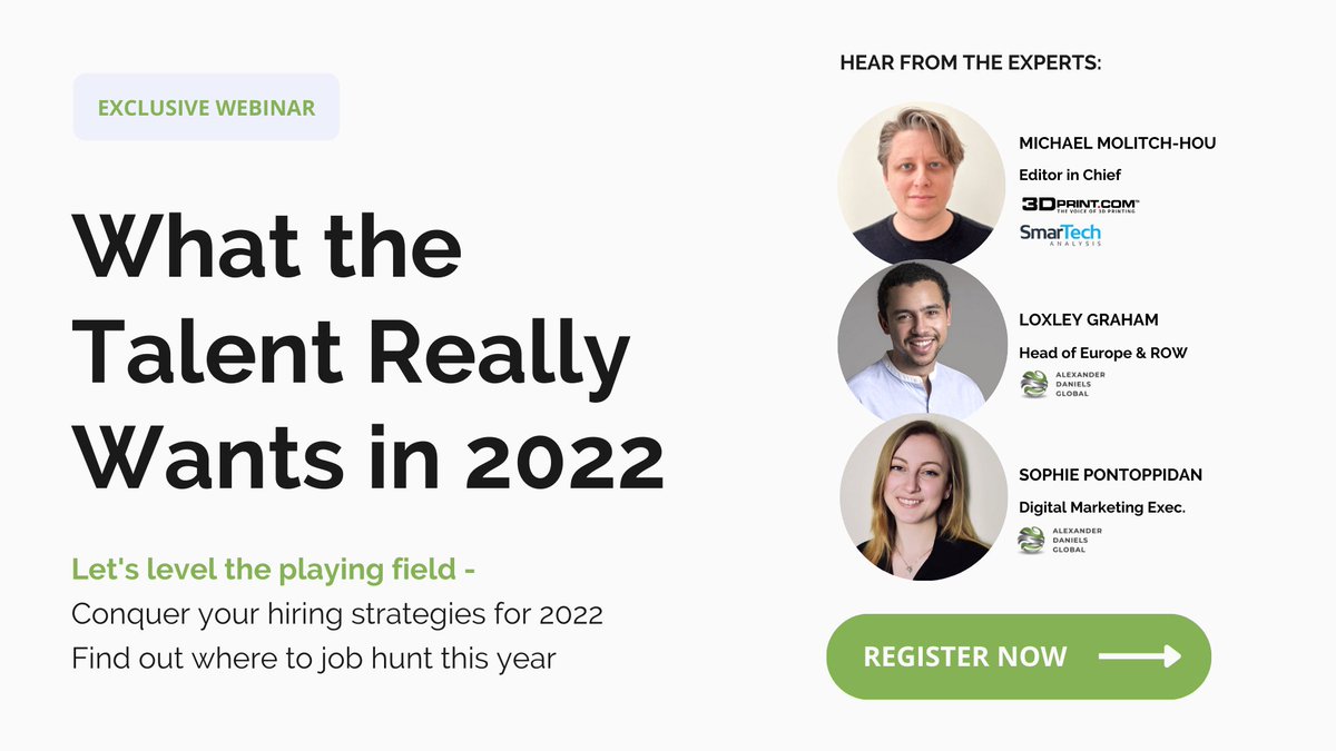 If you haven't heard already - we're inviting you to our upcoming webinar on 'What the Talent Really Wants in 2022' with <a href="/3DPrint_com/">3DPrint</a>!
Join us on May 25 at 10:00 ET / 15:00 BST by registering at this link: ow.ly/F7WU50J10qK &lt;-- click here to learn more about what in store!