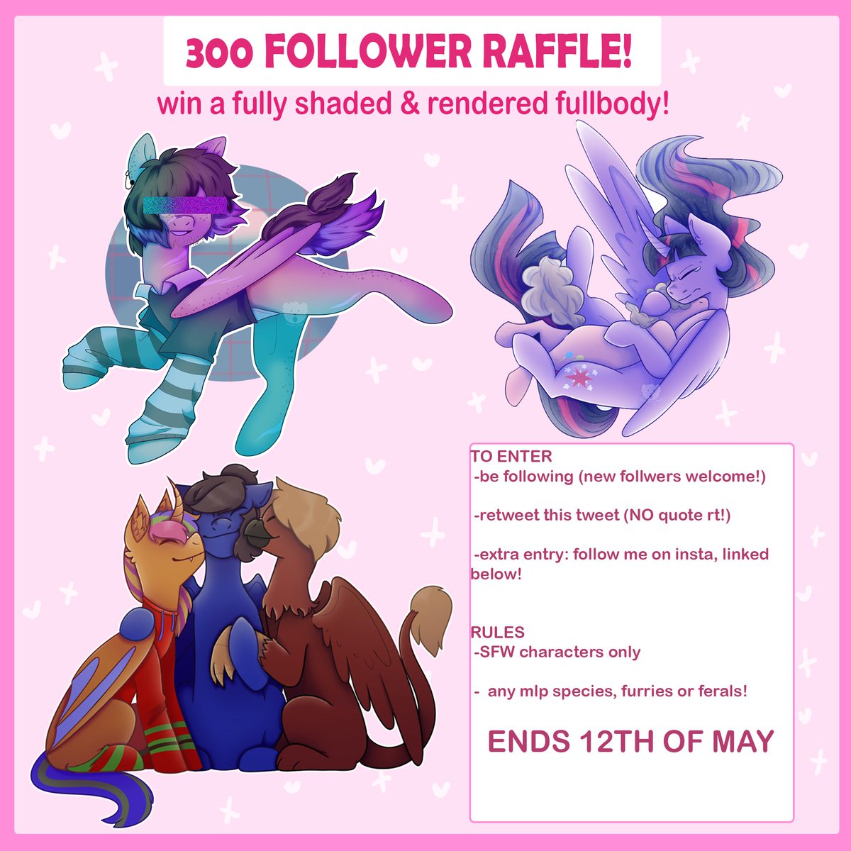 🌊🌸300 FOLLOW RAFFLE!🌸🌊
to enter:
✨be following (new followers welcome :> )
✨retweet this (no quote rts!)
✨EXTRA ENTRY: follow me on lnsta, linked below!

🌸WINNER GETS A FULLY SHADED FULLBODY!🌸
ends 12th of may, good luck!
#mlp #mlpfim #furry #furryart #mlpfanart