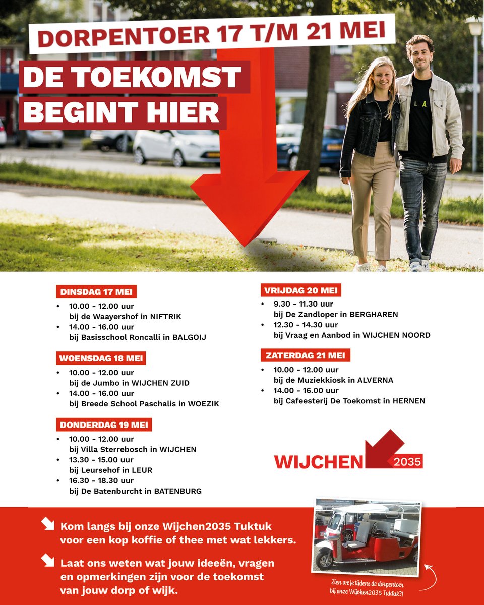 GemWijchen's tweet photo. Hoe ziet gemeente Wijchen er over 15 jaar uit? Daar zijn jouw ideeën voor nodig! Van 17 mei t/m 21 mei gaan we langs #Alverna, #Balgoij, #Batenburg, #Bergharen, #Hernen, #Leur, #Niftrik en #Wijchen. Kom langs voor een kop koffie of thee met wat lekkers. En deel je toekomstdromen! https://t.co/Bo3egssGkM