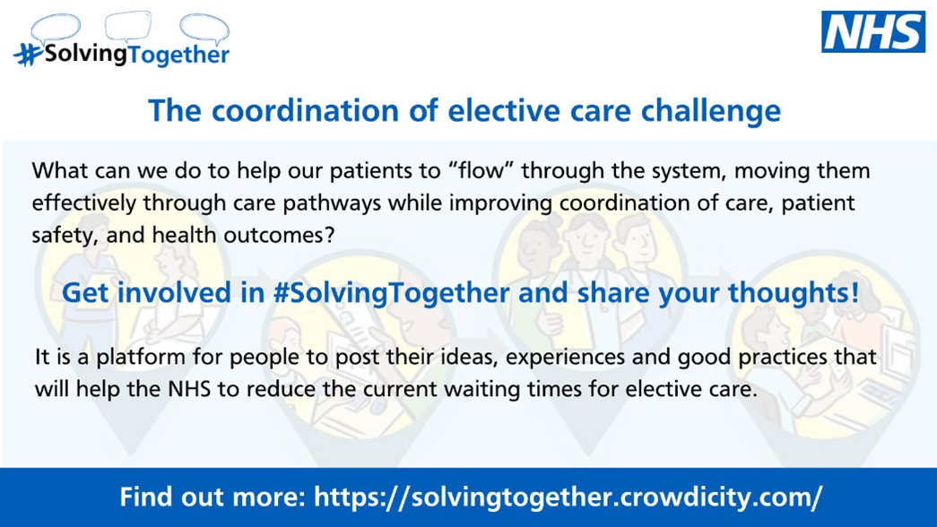 #SolvingTogether is a platform for people to post their ideas, experiences and good practices that will help the NHS to reduce the current waiting times for elective care. Add your own idea and comment on ideas already posted on the platform. More: solvingtogether.crowdicity.com