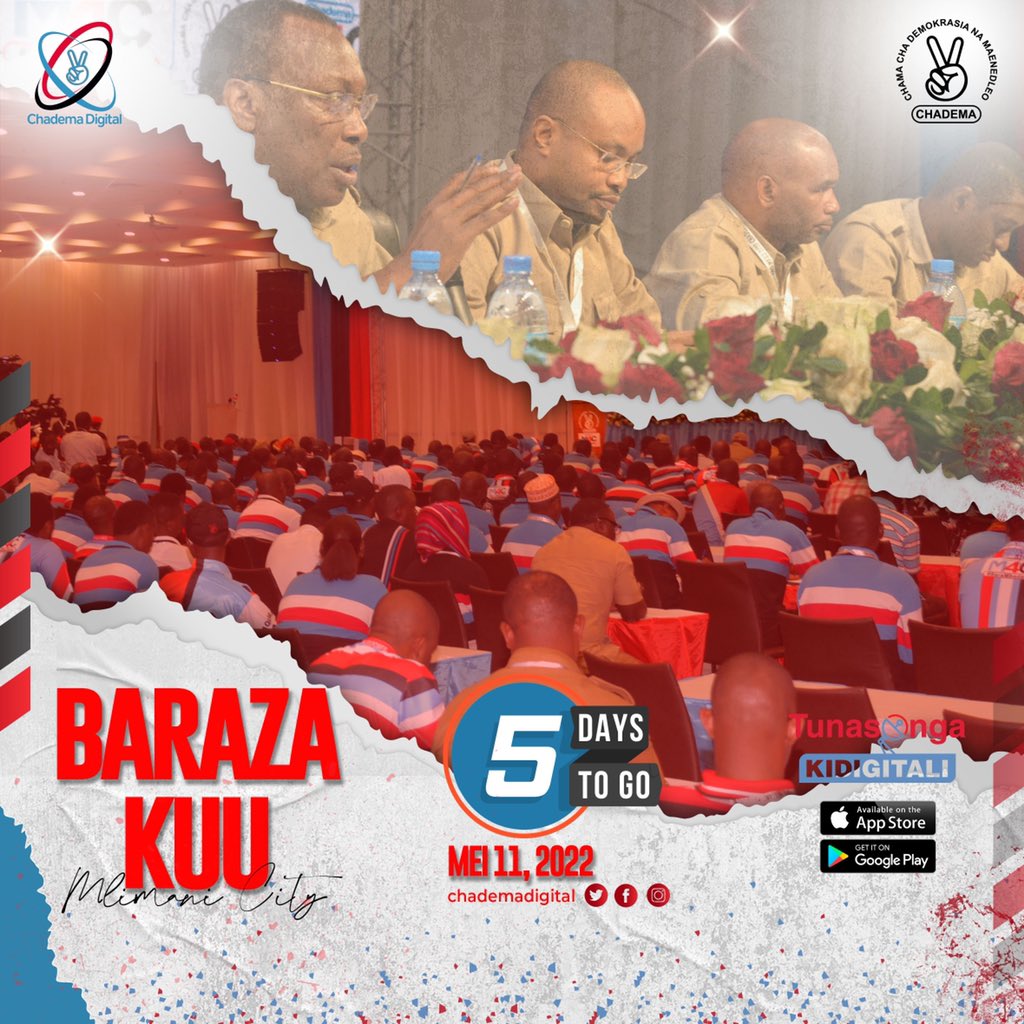 ChademaDigital's tweet photo. Zimesalia siku 5 tu! Kuelekea Baraza Kuu la Chama litakaloketi Mlimani City.
#BarazaKuu2022 https://t.co/sxFX7cap4W