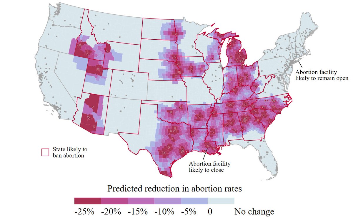 My most up-to-date projection, accounting for policy changes in the last month, is that about 100,000 women seeking abortions will be unable to reach a provider in the first year after a Roe reversal. About 75,000 of them will give birth as a result.   #econtwitter