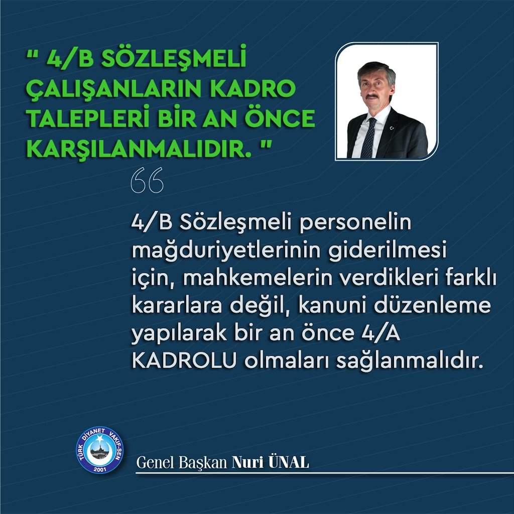 4/B SÖZLEŞMELİ ÇALIŞANLARIN KADRO TALEPLERİ BİR AN ÖNCE KARŞILANMALIDIR.
#4BSözleşmeli personelin mağduriyetlerinin giderilmesi için, mahkemelerin verdikleri farklı kararlara değil, kanuni düzenleme yapılarak bir an önce 4/A KADROLU olmaları sağlanmalıdır.
#4BSözleşmelilereKadro