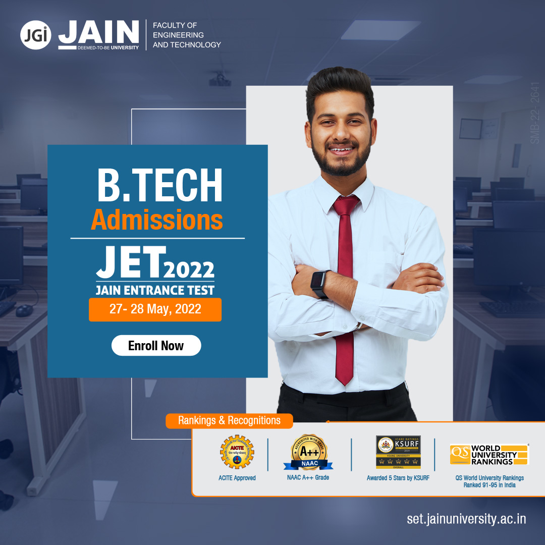 JainDeemedtbUnv's tweet photo. JET 2022 Admission Process for the https://t.co/MTE5MjVtnL course is scheduled for 27 -28 May, 2022.
Click on the link to register : https://t.co/scUiLtaPKX

#btechadmission #btechcourses #btechopportunities #admisionopen #jetprocess #btechentranceexams #inspireimpact https://t.co/LOZ0Sv4DKA