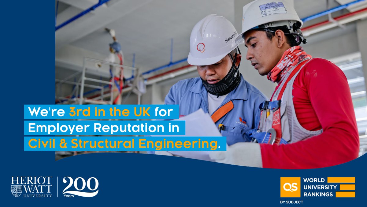 Heriot-Watt ranks 33rd in UK and 5th in Scotland, as well as being in the top 200 worldwide for five subjects including Civil Engineering according to QS University rankings. 

Go to hw.ac.uk/study/our-rank… to find out more.