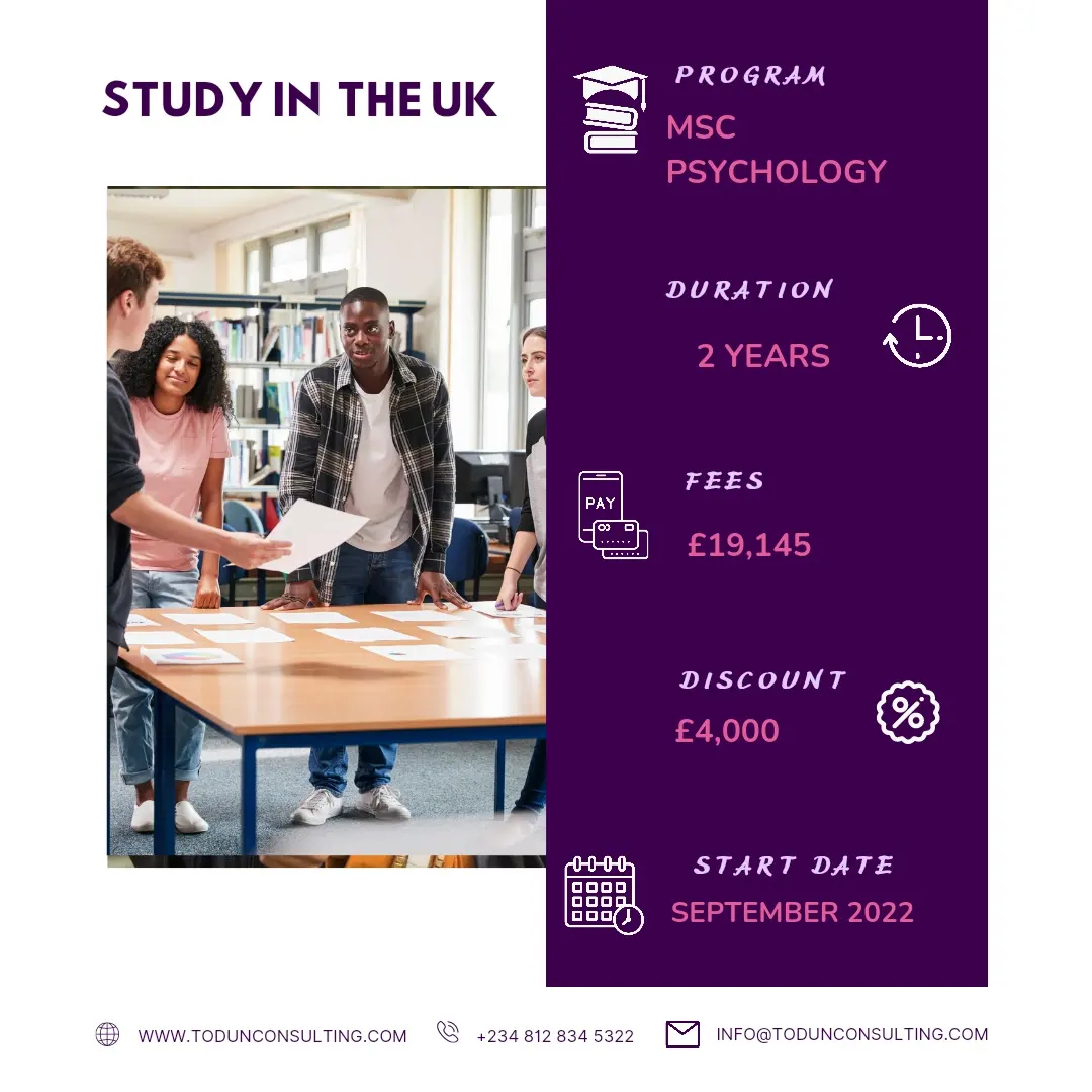 Todunconsulting's tweet photo. Interested in a Master's in Psychology? 

Then this is for you.

Initial Fee- £19,145 
Discount- £4,000

Payment can be made in 12months monthly instalments 

Deadline for application 9th of May 2022.

DM or email info@todunconsulting.com to get started 

#studyabroad #studyinu https://t.co/gCcUfE1K4x