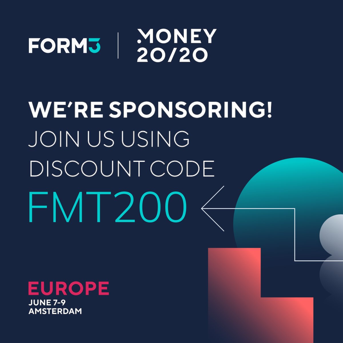 Form3Cloud's tweet photo. As sponsors of Europe’s premier #fintech conference, Money20/20, Form3 are delighted to offer you the chance to save 200EUR when purchasing your pass when using discount code FMT200. Find out more and register for your pass here: https://t.co/gOVV14SBaj https://t.co/j1wwrioGdA