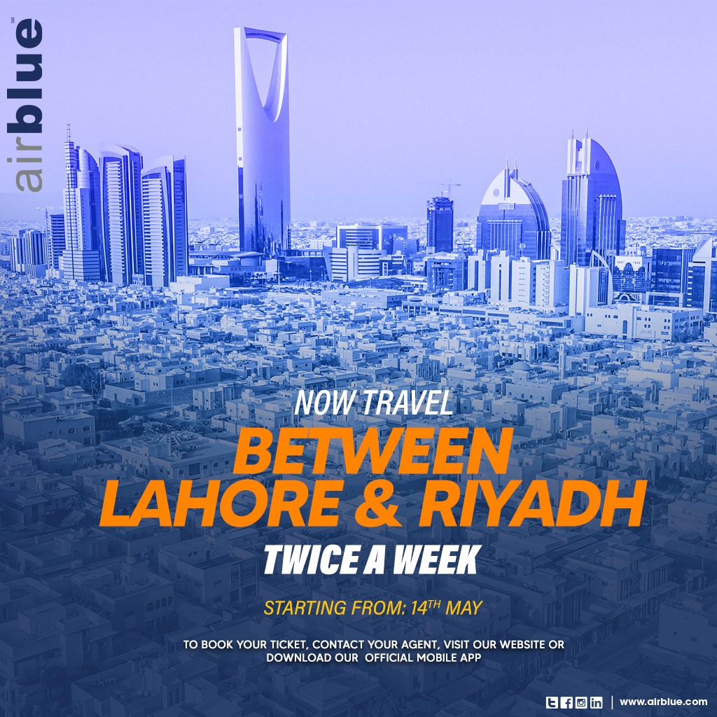 airblueairline's tweet photo. More flights, more convenience. Now fly twice a week between Lahore and Riyadh.
#LHEandRUH #airblue #weeklyflights https://t.co/Wh51OUomYu