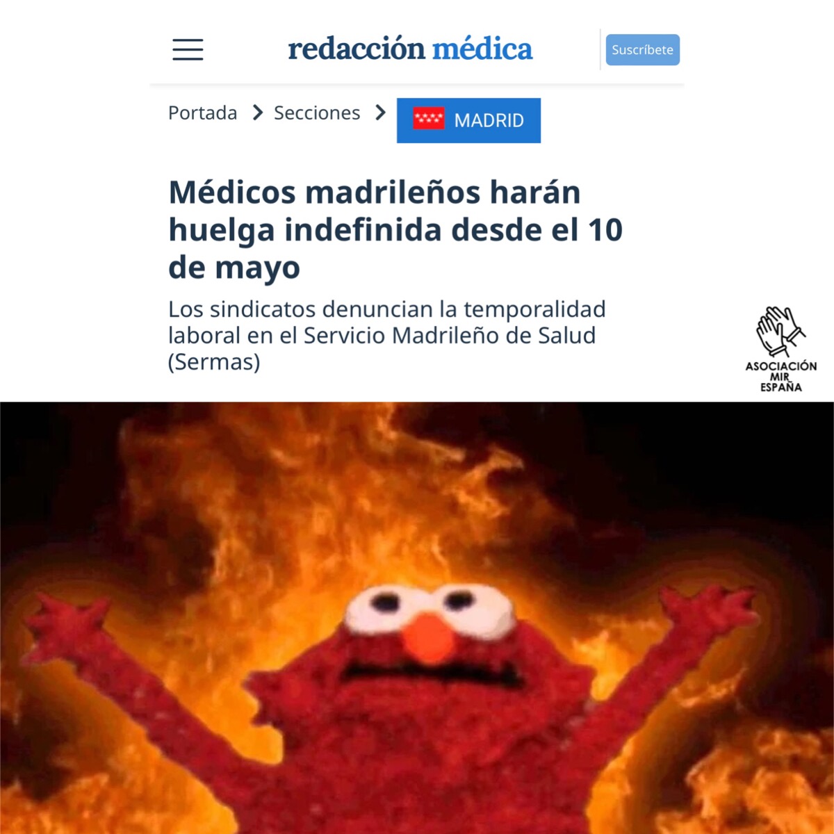 AsociacionMIRe's tweet photo. HUELGA MÉDICOS ESPECIALISTAS

Inicio: Martes 10 de mayo
Lugar: Madrid

Desde Asociación MIR España apoyamos esta huelga.

✊🏻✊🏻✊🏻

#huelga https://t.co/YHLbvDRAGb