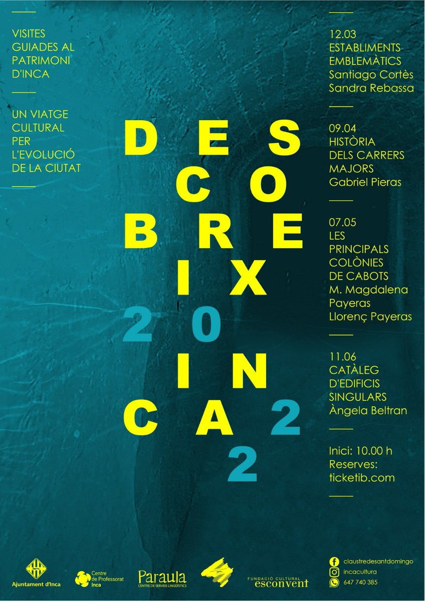 HELENACAYETANO's tweet photo. DESCOBREIX INCA 2022.
Les principals colònies de #cabots a Inca a càrrec de Maria Magdalena Payeras i Llorenç Payeras.
🗓 Dissabte 7️⃣ de maig a les 10:00 hores.
📍 Plaça de Santa Maria la Major.
#IncaMediAmbient
#IncaBenestarAnimal
https://t.co/w3tVjf4vf6 https://t.co/1I58guP9ZN