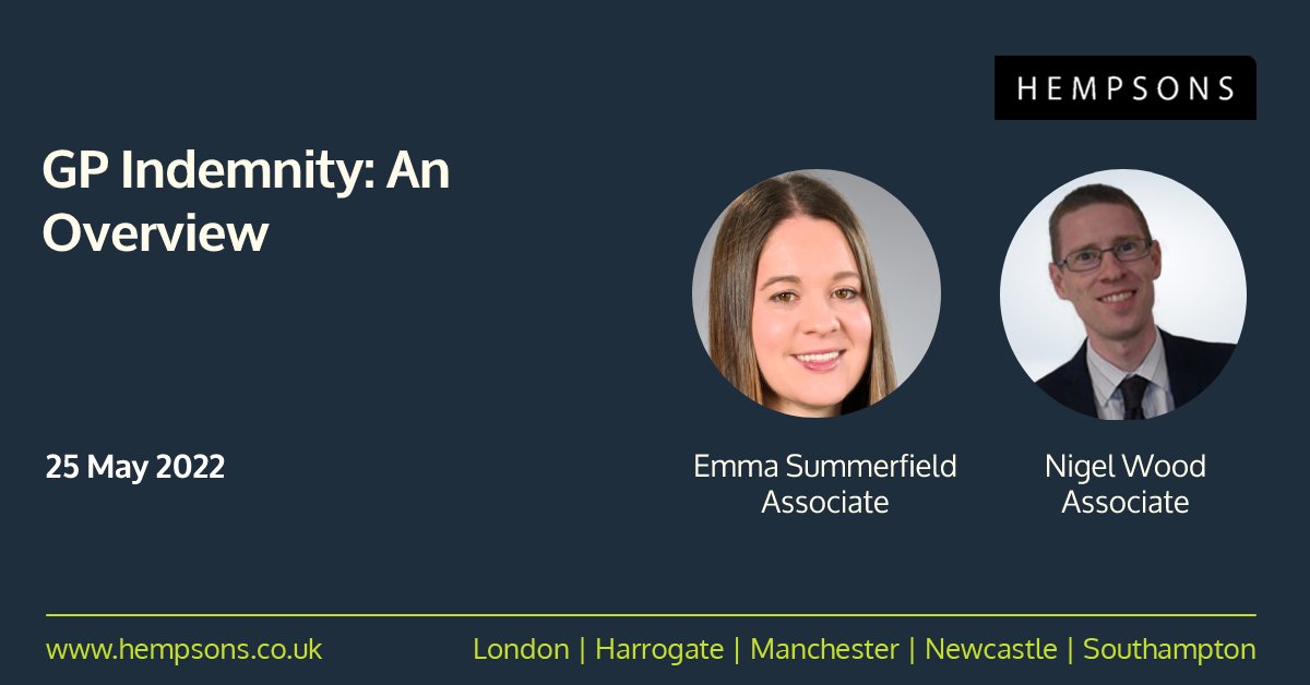 hempsonsgp's tweet photo. Join Associates Emma Summerfield &amp; Nigel Wood for their free webinar for GPs/GP practices on the GP Indemnity Scheme, inc: the scope of the scheme, reporting a potential claim &amp; the key stages of a claim. For more details &amp; to book: https://t.co/G9k3UwOcZU #GPs https://t.co/XTDpX22wmj